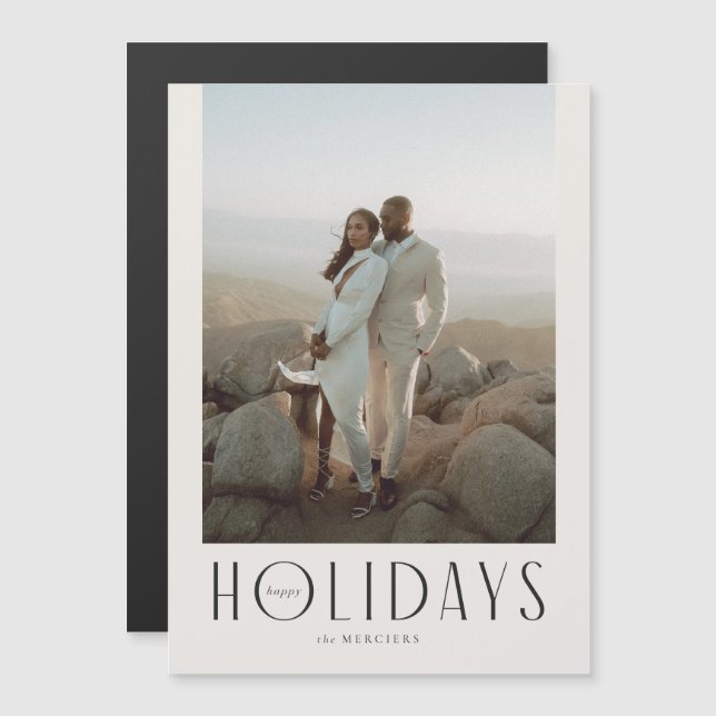 Raffiniertes Cream & Black Happy Holidays Foto Magneteinladung (Vorne/Hinten)