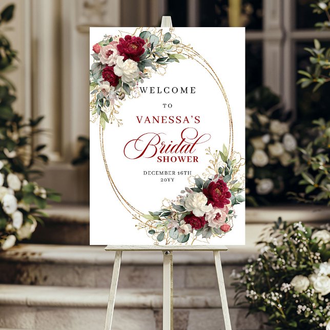 Raffiniertes Weißes Burgunder Blumen Hochzeitsdusc Poster (Sophisticated Burgundy White Floral Bridal Shower Welcome)