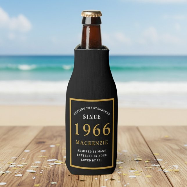 Rafraichisseur De Bouteilles 60th Birthday 1966 Name Elegant Chic Black Gold (Born 1966 bottle cooler. Beach background.)