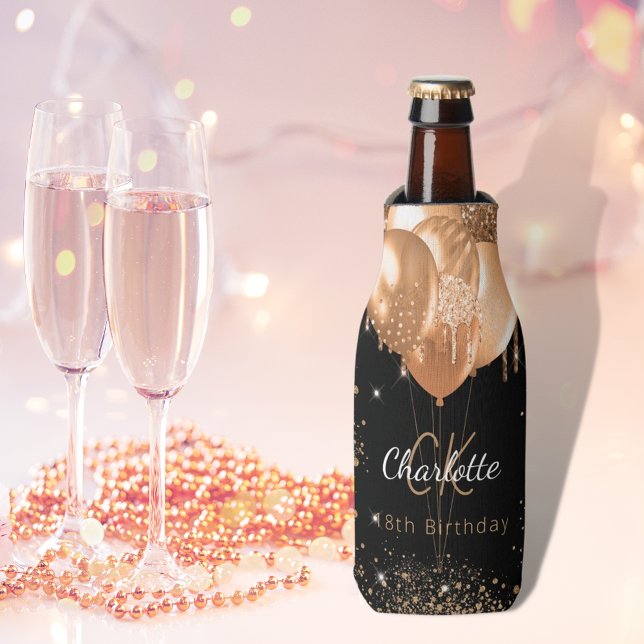 Rafraichisseur De Bouteilles Anniversaire noir ballons d'or nom monogramme (Créateur téléchargé)