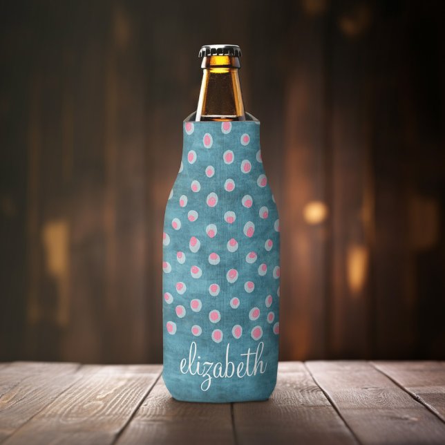 Rafraichisseur De Bouteilles Aquarelle Pois Messy - bleu et rose (Personalized Bottle Cooler - Add Name or Custom Text)