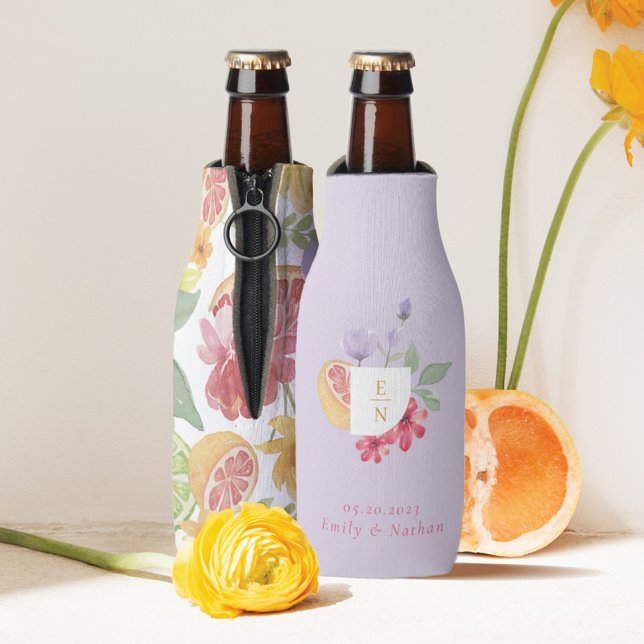 Rafraichisseur De Bouteilles Cocktail Aquarelle Citrus Mariage Floral Monogramm (Créateur téléchargé)