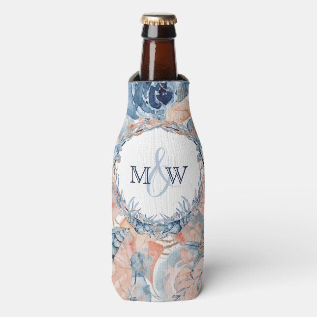 Rafraichisseur De Bouteilles Coquillage de plage Mariage nautique et Roses (Bottle Devant)