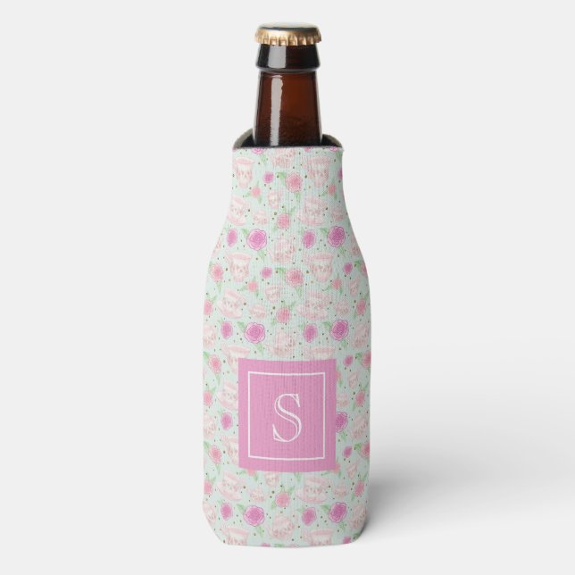 Rafraichisseur De Bouteilles Cute Tasses à Thé Rose Personnalisé Monogramme (Bottle Devant)