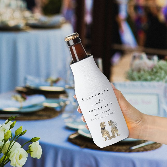Rafraichisseur De Bouteilles Dinosaur thème Mariage personnalisé (Dinosaur theme wedding dark green personalized beer bottle cooler funny T-Rex dino bride & groom)