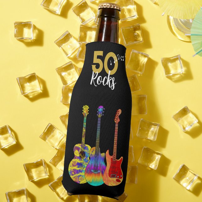 Rafraichisseur De Bouteilles Fête d'anniversaire des 50 ans de 50 Rocks (50 Rocks cool funky guitar black and gold 50th birthday party bottle cooler)