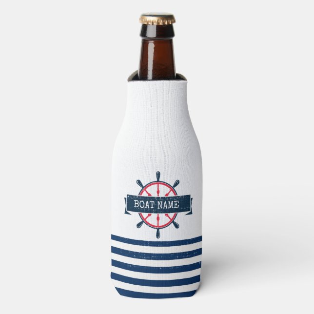 Rafraichisseur De Bouteilles Gouvernail de bateau nautique, rayures bleu marine (Bottle Devant)