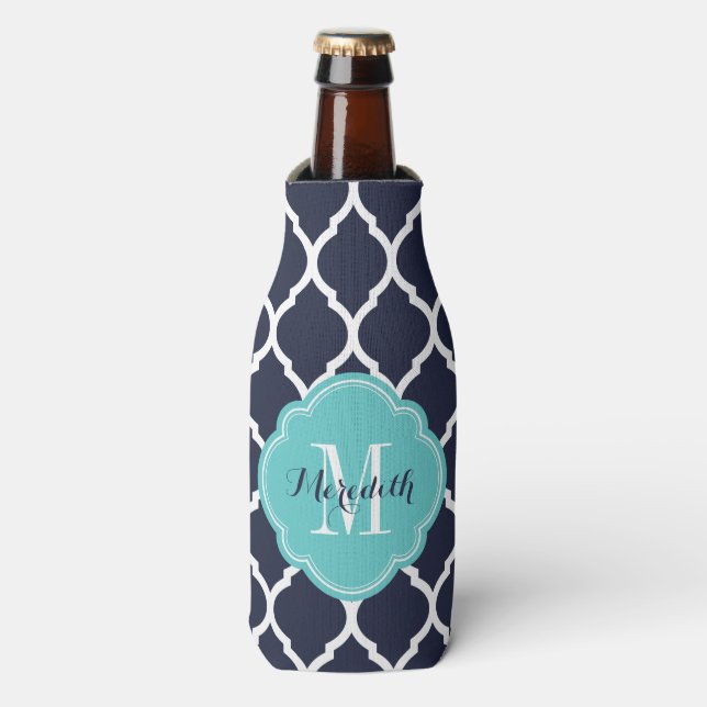 Rafraichisseur De Bouteilles Monogramme de Quatrefoil Marocain Marine et Turquo (Bottle Devant)