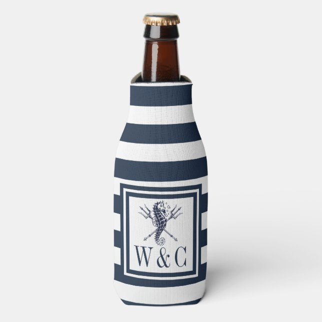 Rafraichisseur De Bouteilles Monogramme nautique Marine Bleu Bleu Bouteille (Bottle Devant)