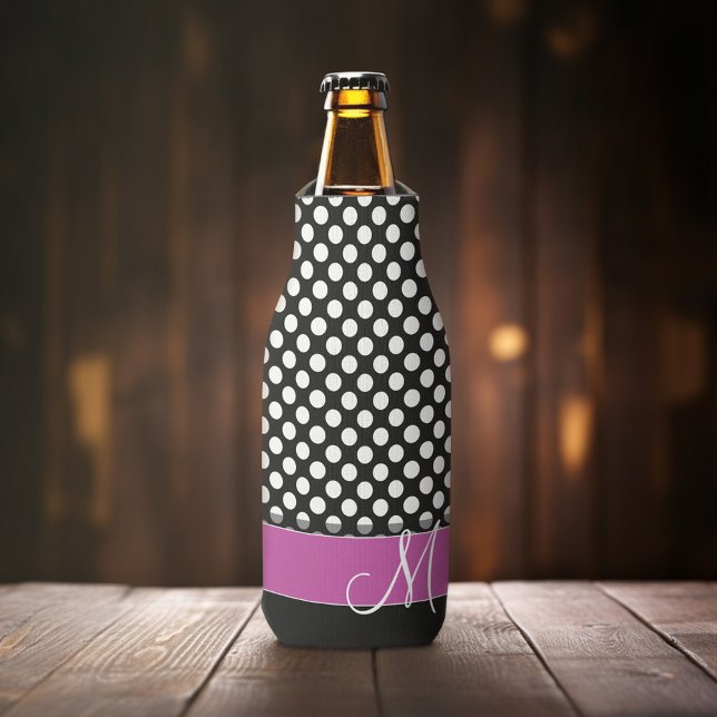 Rafraichisseur De Bouteilles Motif à points rose et noir avec Monogramme (Personalized Bottle Cooler - Add Name or Custom Text)