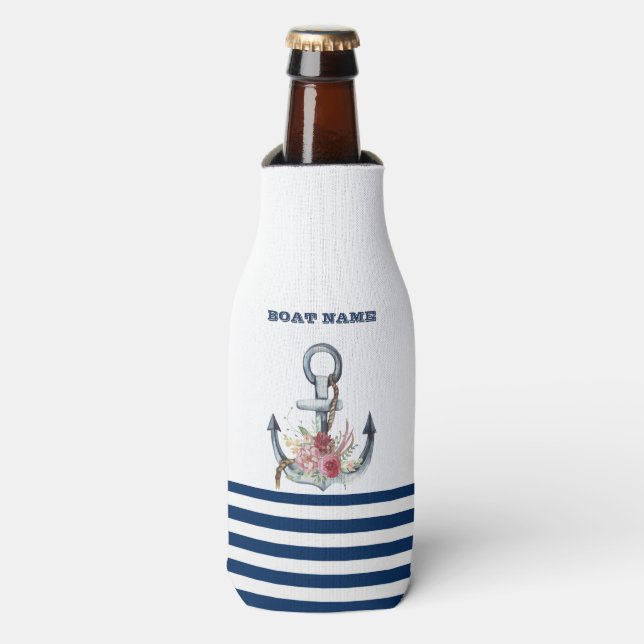Rafraichisseur De Bouteilles Nom du bateau, Fleurs d'Ancres Bleus de marine (Bottle Devant)