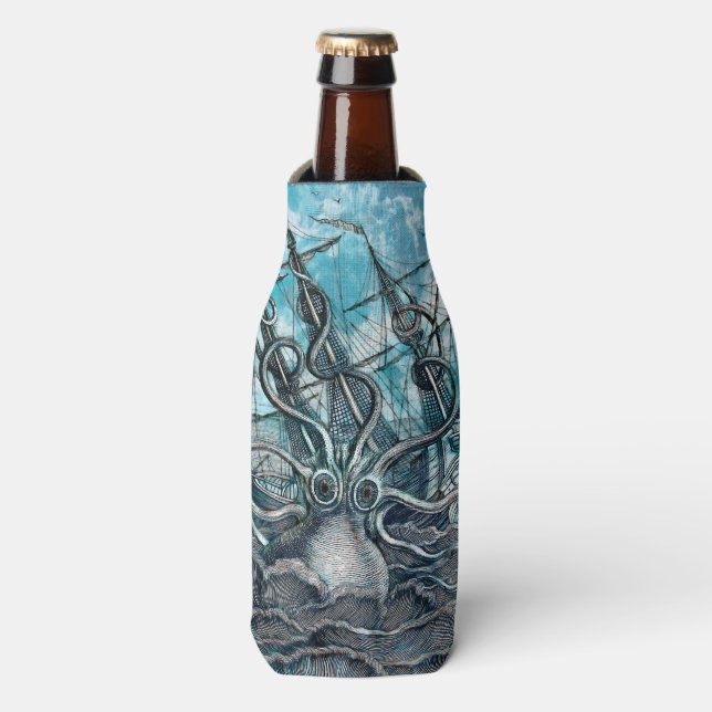 Rafraichisseur De Bouteilles Pieuvre géante Mer Bleue Monstre Voilier (Bottle Devant)