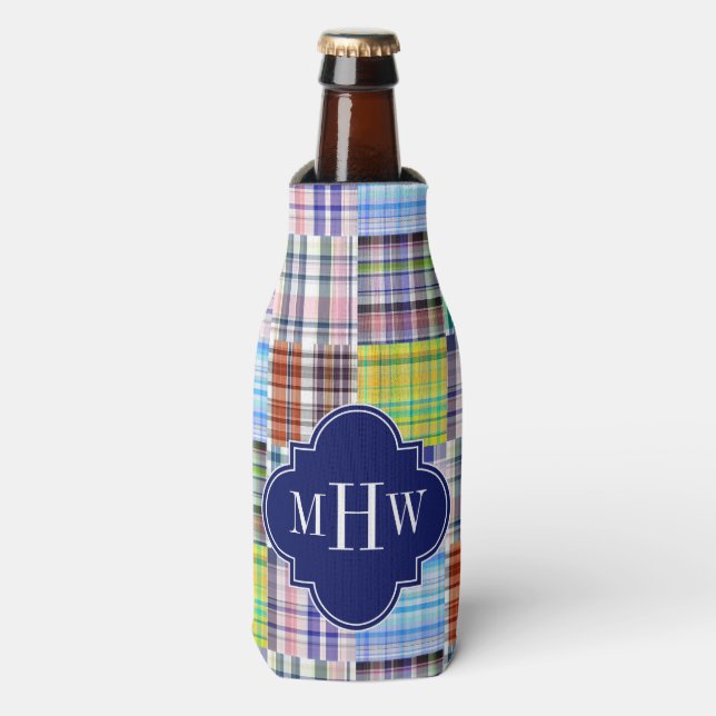 Rafraichisseur De Bouteilles Preppy Patchwork Madras Navy Quatrefoil Monogramme (Bottle Devant)