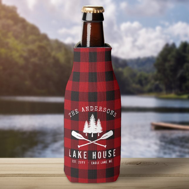 Rafraichisseur De Bouteilles Rustic Family Lake maison Arbres Red Buffalo Plaid (Créateur téléchargé)