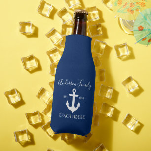 Rafraichisseur De Bouteilles Script élégant Ancre nautique Beach House Blue