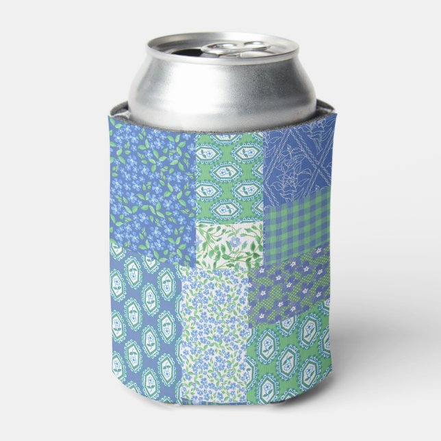 Rafraichisseur De Cannettes Bleu Périwinkle Floral Boho Faux Motif Patchwork (Can devant)