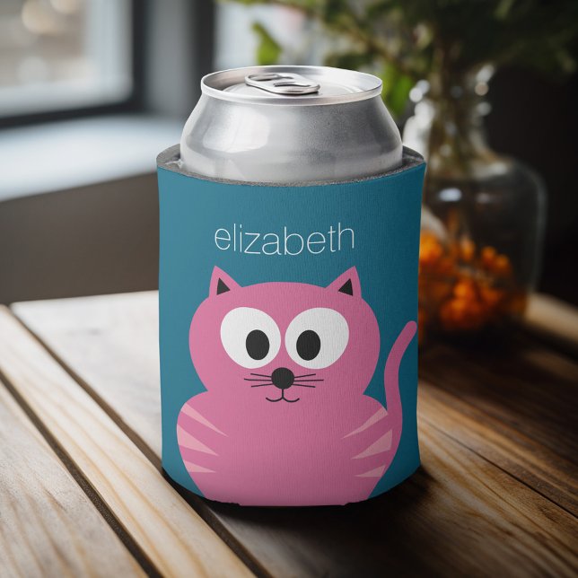 Rafraichisseur De Cannettes Chat gras rose mignon - Arrière - plan bleu (Personalized can cooler with a place to add a name or other custom text)