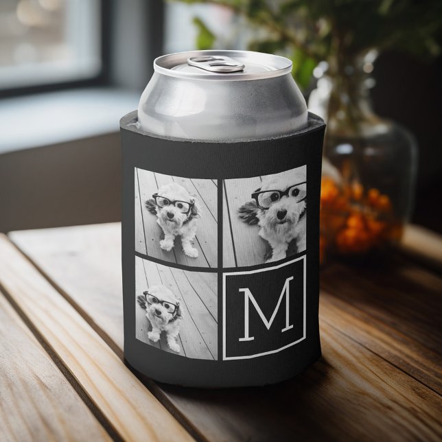 Rafraichisseur De Cannettes Collage photo tendance noir et blanc avec Monogram (Personalized can cooler with an area to add photos and custom text)