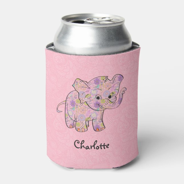 Rafraichisseur De Cannettes Eléphant Floral Bébé Sur Damas Rose (Can devant)