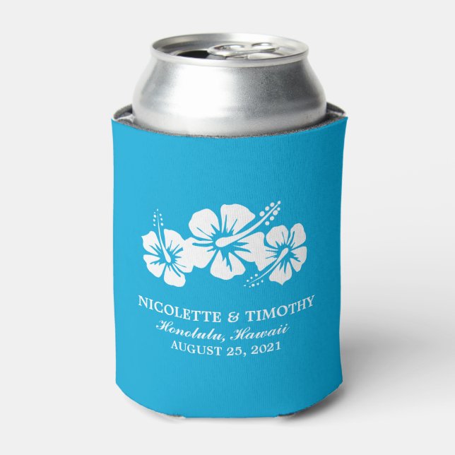 Rafraichisseur De Cannettes Fleurs d'Hibiscus tropicaux | Mariage bleu océan (Can devant)