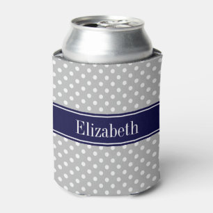 Rafraichisseur De Cannettes Gris Blanc Pois Marine Nom bleu Monogramme