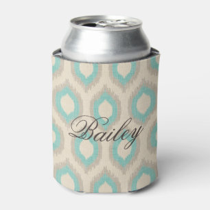 Rafraichisseur De Cannettes Lin rustique Beige et Aqua Ikat Monogramme