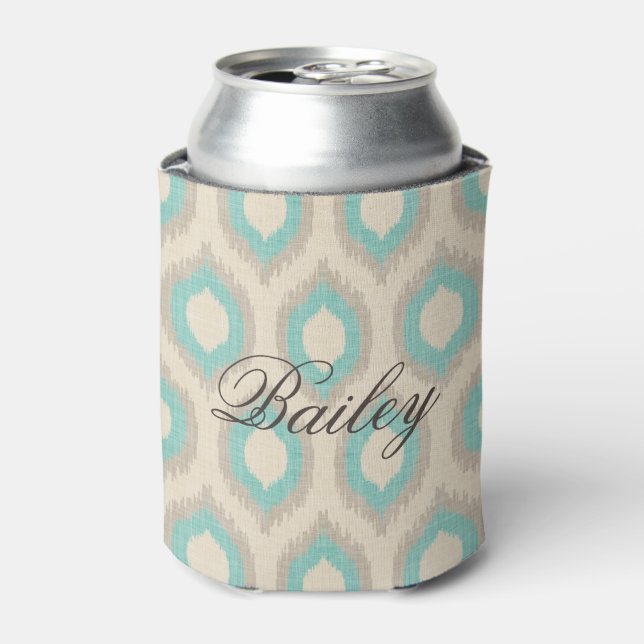 Rafraichisseur De Cannettes Lin rustique Beige et Aqua Ikat Monogramme (Can devant)