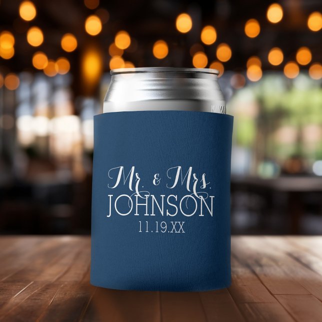 Rafraichisseur De Cannettes M. et Mme Wedding Favor Solid Navy Blue (Wedding and Anniversary Can Cooler - Personalize with names and dates)