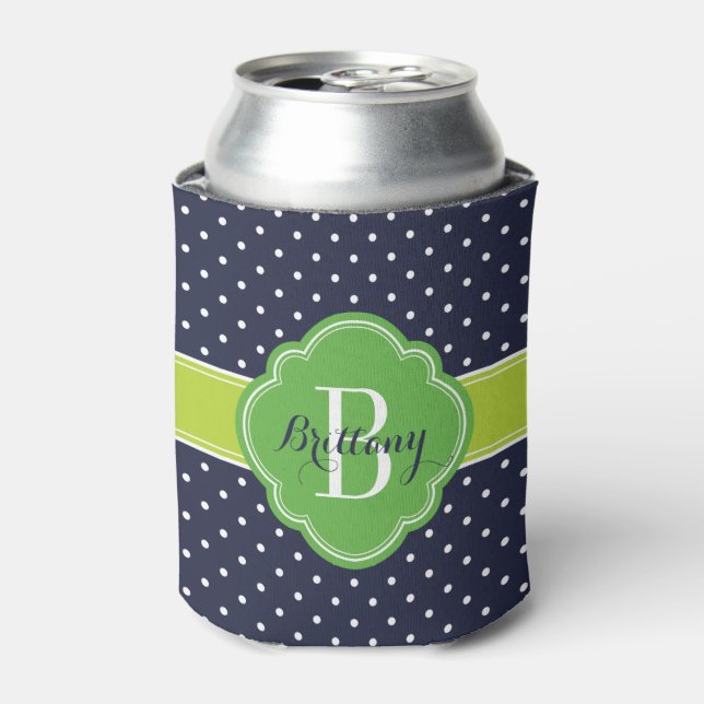 Rafraichisseur De Cannettes Monogramme bleu marine et Pois verts (Can devant)