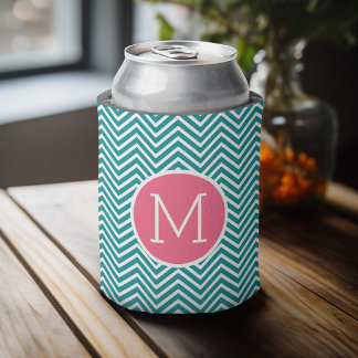 Rafraichisseur De Cannettes Motif Girl Chevron avec Monogramme - Turquoise ros