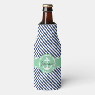 Rafraîchisseur Pour Bouteille Ancres nautiques rayures vertes et marine Monogram
