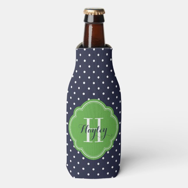 Rafraîchisseur Pour Bouteille Monogramme bleu marine et Pois verts (Bottle Devant)