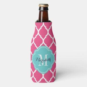 Rafraîchisseur Pour Bouteille Monogramme de Quatrefoil marocain rose et turquois
