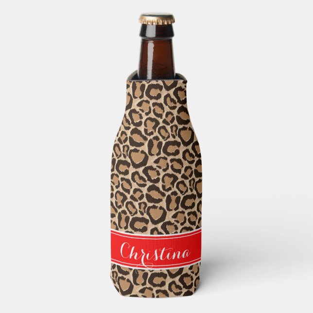 Rafraîchisseur Pour Bouteille Monogramme personnalisé rouge et Empreinte de léop (Bottle Devant)