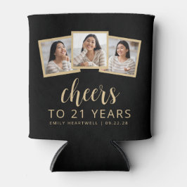 Rafraîchisseur Pour Canette 21e anniversaire 3-Photo Black Gold Script Cheers
