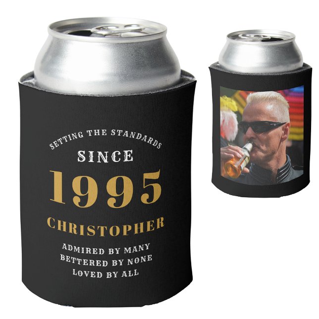 Rafraîchisseur Pour Canette 30e anniversaire Black Gold avec nom et photo (30th birthday born 1995 personalized can cooler with name and photograph)
