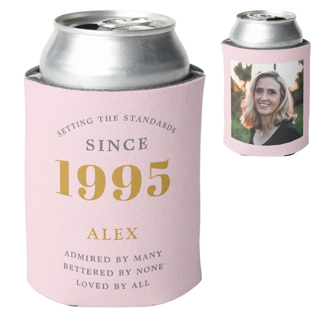 Rafraîchisseur Pour Canette 30e anniversaire Nom 1995 Chic rose Grey Photo (Personalized pink 30th birthday can cooler with custom photo and name.)