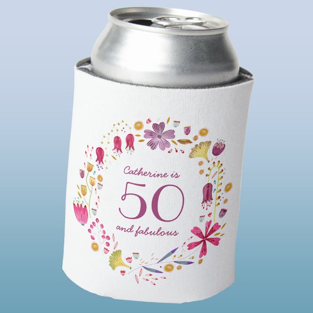 Rafraîchisseur Pour Canette 50 et Fabulous Aquarelle Floral Nom personnalisé (Personalized name 50 fifty and fabulous fiftieth birthday floral watercolor wreath can cooler)