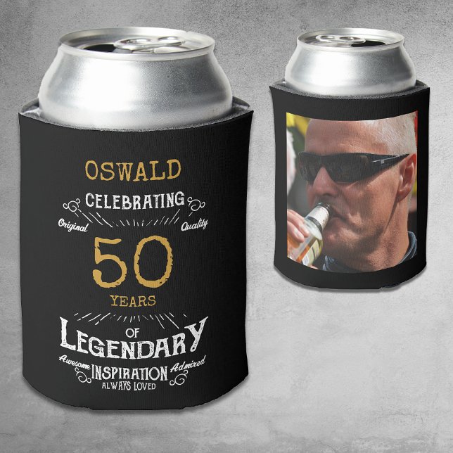 Rafraîchisseur Pour Canette 50e anniversaire Black Gold légendaire photo (A personalized elegant 50th birthday can cooler that is easy to customize)