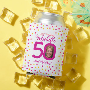 Rafraîchisseur Pour Canette 50e anniversaire confetti jaune rose deux photos