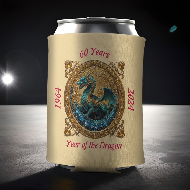 Rafraîchisseur Pour Canette 60e anniversaire Année du dragon Bière chinoise Zo (Personalized year of the Chinese dragon birthday can cooler with intricate regal golden decoration)