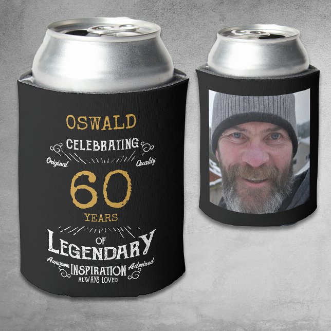 Rafraîchisseur Pour Canette 60e anniversaire Black Gold Legendary Photo (A personalized elegant 60th birthday can cooler that is easy to customize)