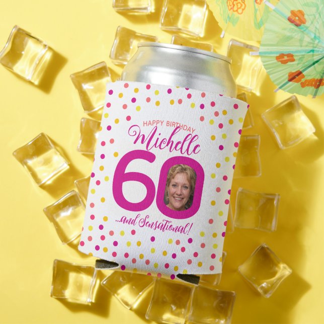Rafraîchisseur Pour Canette 60e anniversaire confetti jaune rose deux photos (Été in situ)