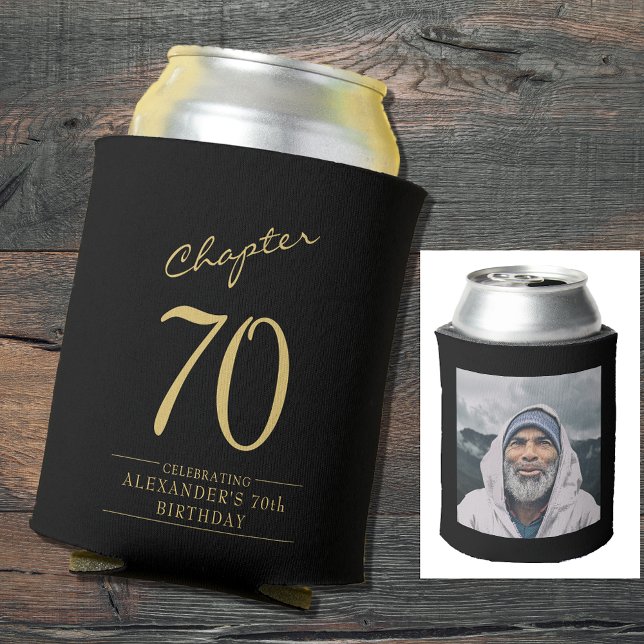 Rafraîchisseur Pour Canette 70e anniversaire Black Gold Photo (70th birthday black and gold personalized can cooler with elegant script and photo template.)