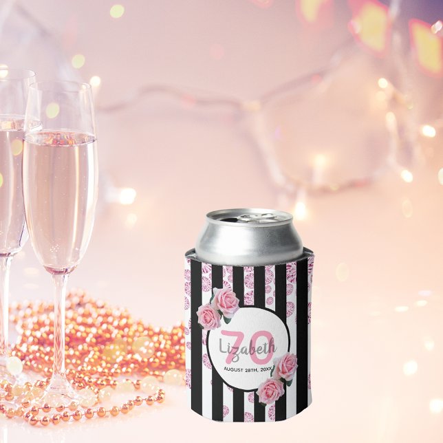 Rafraîchisseur Pour Canette 70e anniversaire fêtes florales roses rayures glam (Créateur téléchargé)