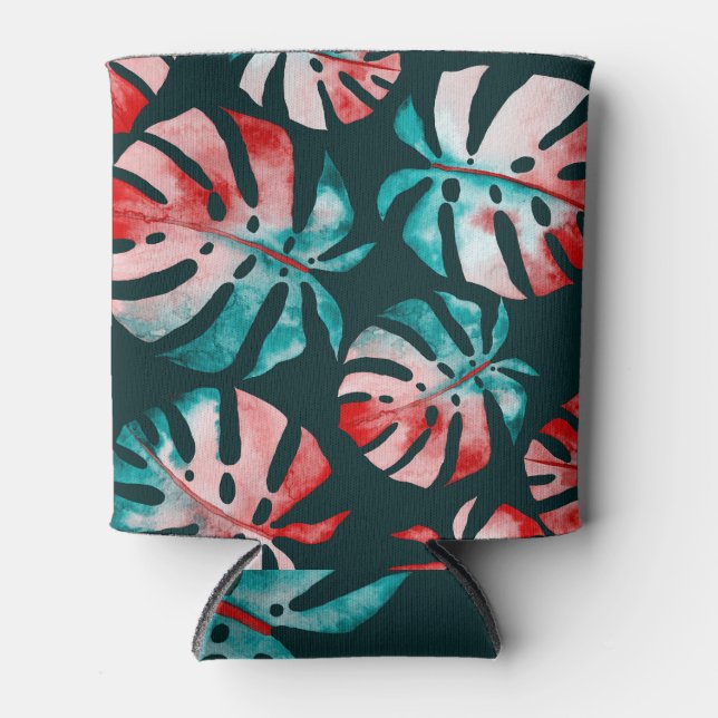 Rafraîchisseur Pour Canette Abstraits Feuilles tropicaux, Aquarelle Lumineuse. (Devant)