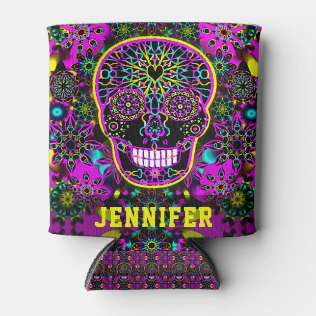 Rafraîchisseur Pour Canette Ajouter le nom Neon Sugar Skull Artework (Devant)