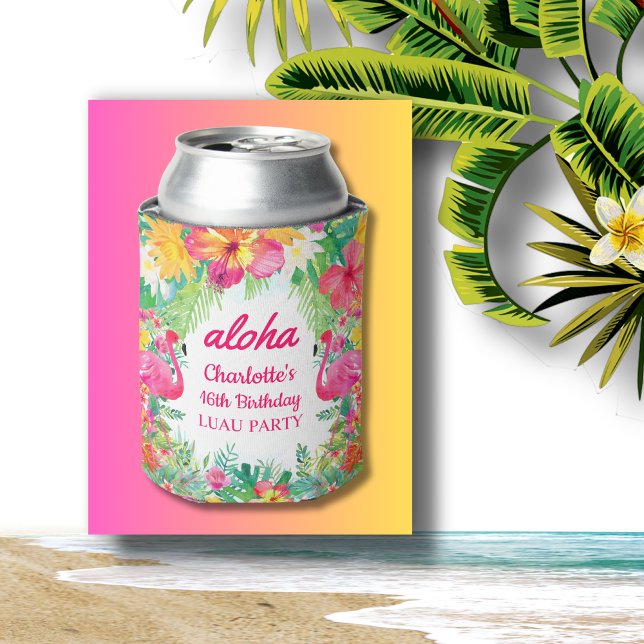Rafraîchisseur Pour Canette Aloha Luau Flamant rose tropical Floral Anniversai (Créateur téléchargé)