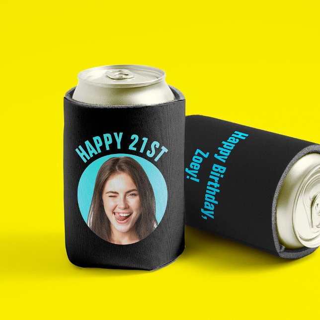 Rafraîchisseur Pour Canette Amusant 21e anniversaire PERSONNALISÉ TEXTE Photo (Front and back of a black can sleeve with "Happy 21st" in bright blue above a circular custom photo)