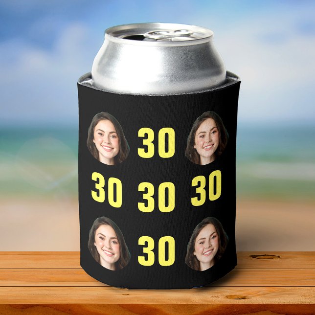 Rafraîchisseur Pour Canette Amusant Unique 30e anniversaire Photo Cool Retro (A black beer sleeve with five yellow "30" numbers + four smiling face illustrations evenly arranged)